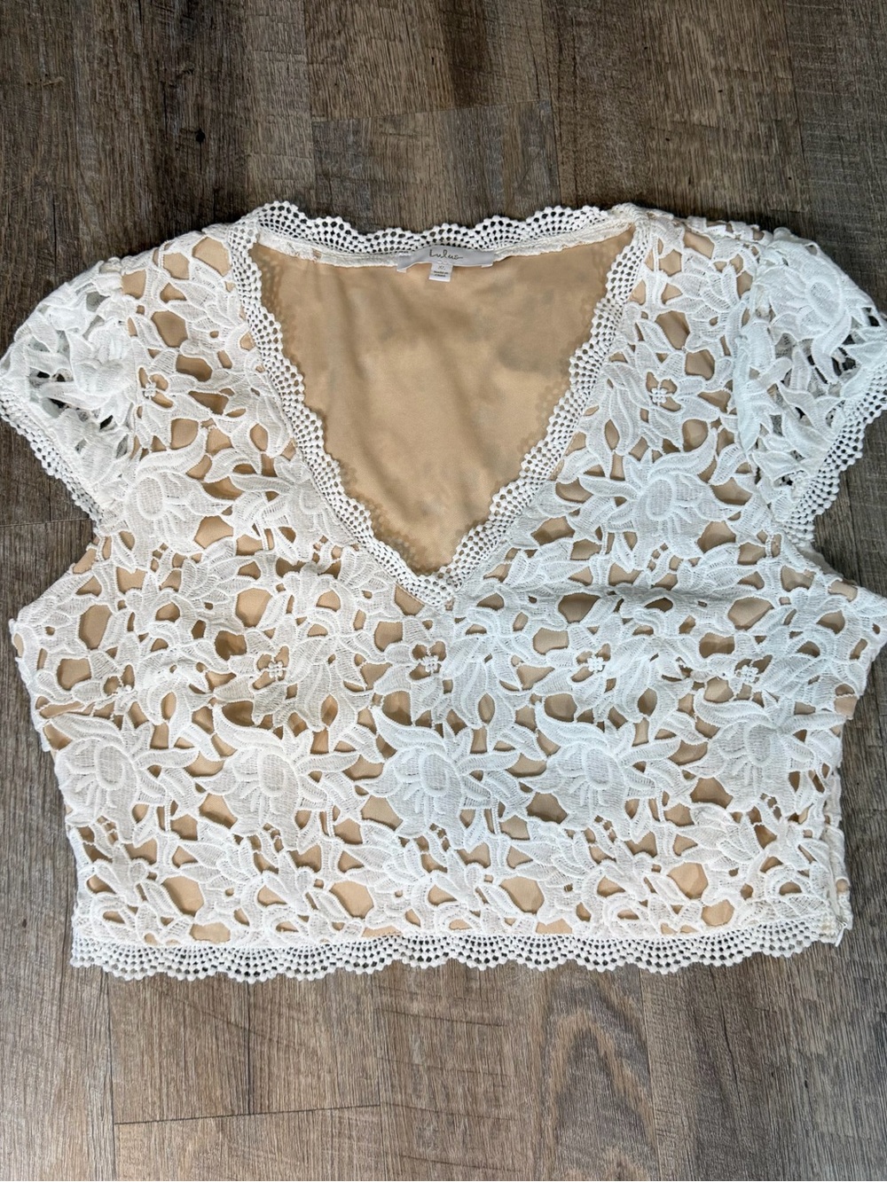 Lulus White Floral Lace Crop Top Womens XL V Neck Nude Lining Boho Festival